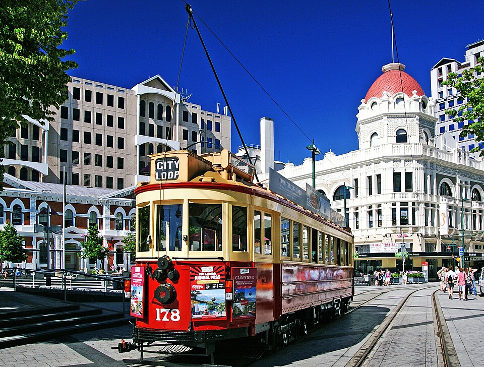 Heritage tram outside the Regent Theatre in Christchurch